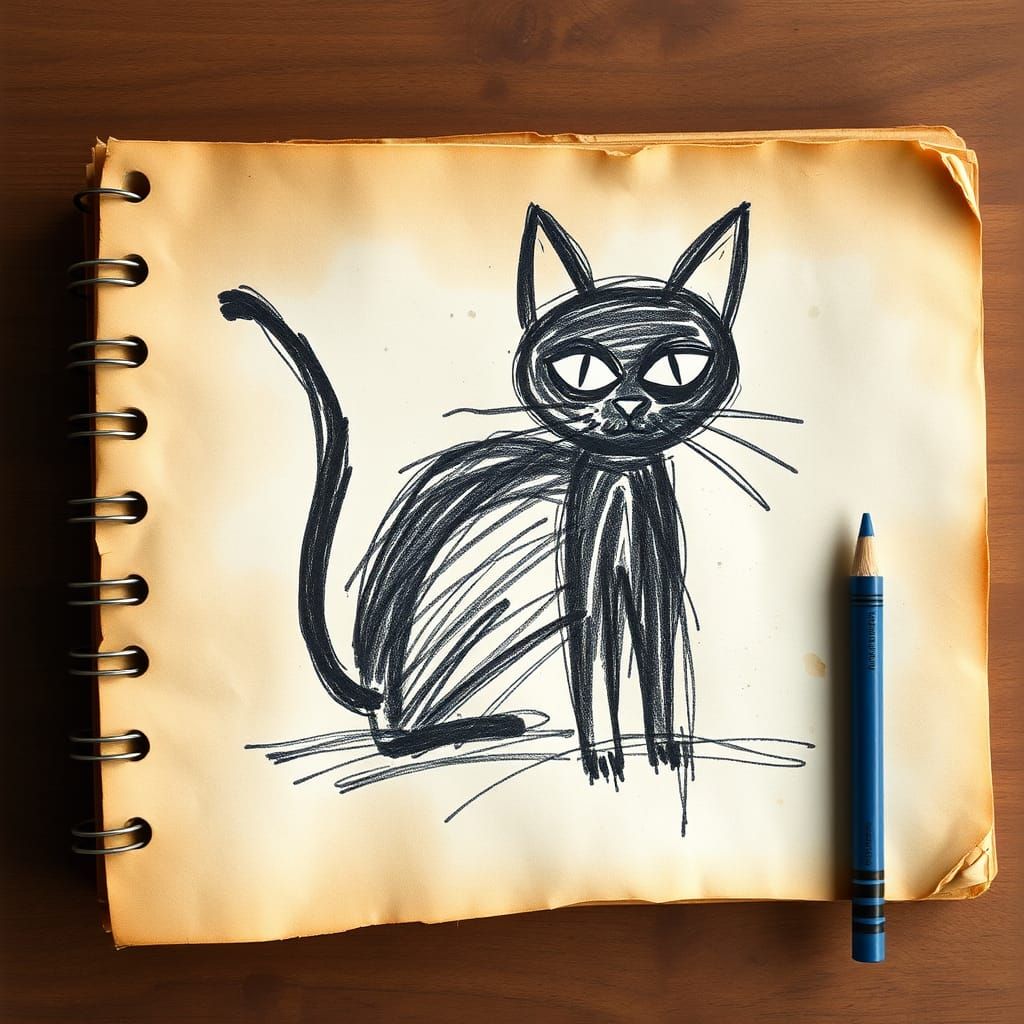 Child's Crayon Cat Drawing in Comic Book Style
