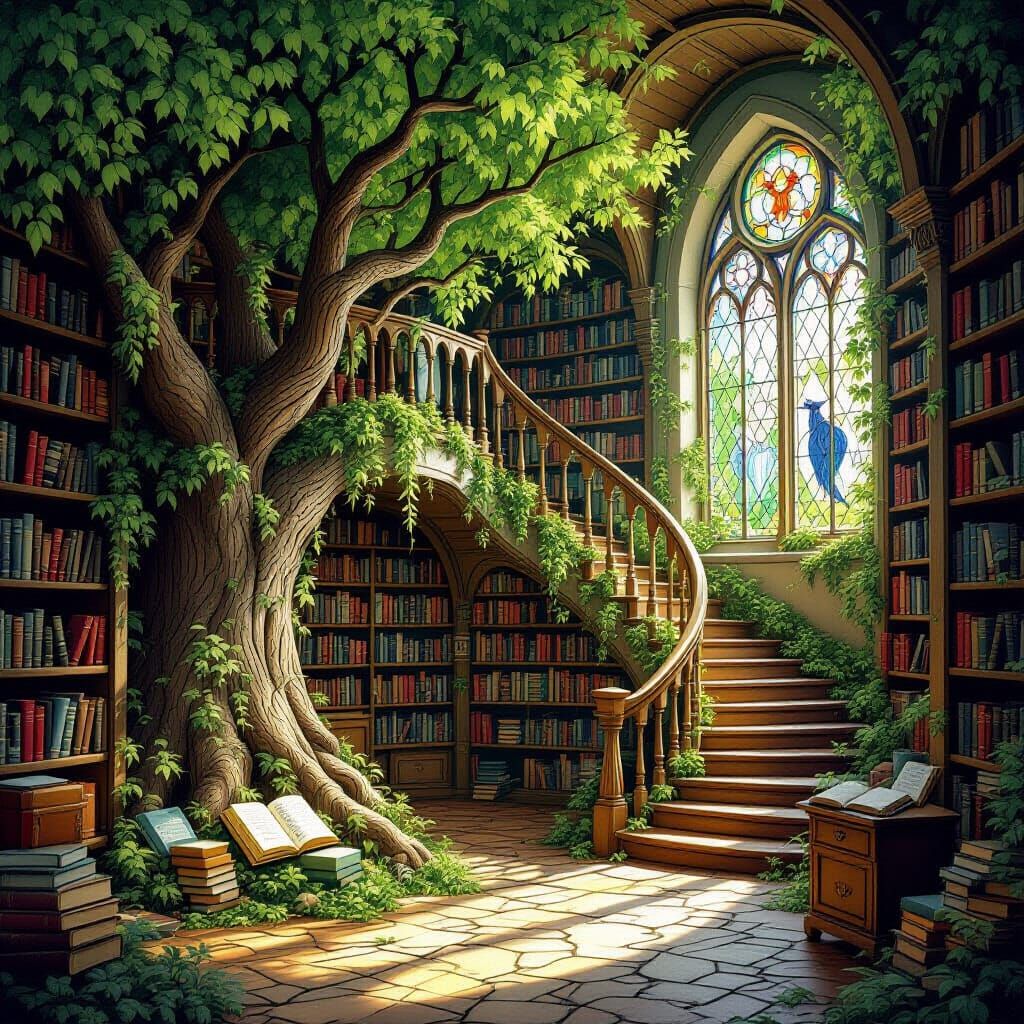 Enchanted Library with Book Trees and Staircase Shelves