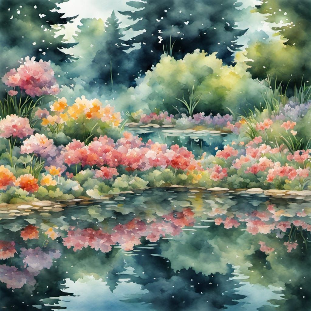 Watercolor Garden Scene with Serene Reflections