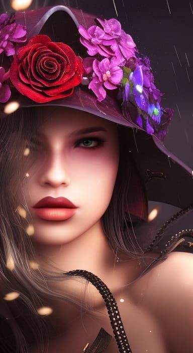 Sad Girl in Black Rose Rain, Cyberpunk Style