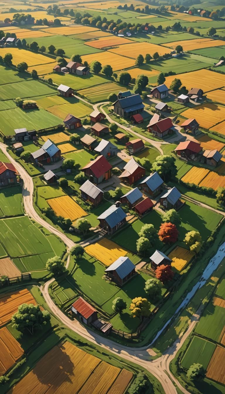Hyperrealistic Village Farm Fields Concept Art