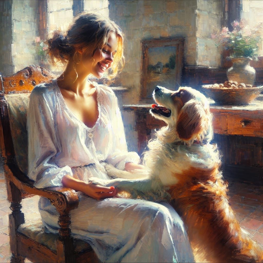 Impressionist Painting of Woman and Dog in Soft Light