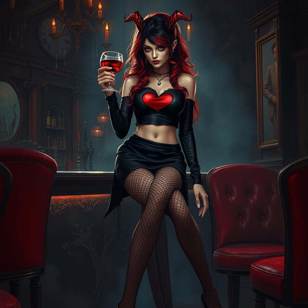 Gothic Vampire Goddess in Red and Black Attire