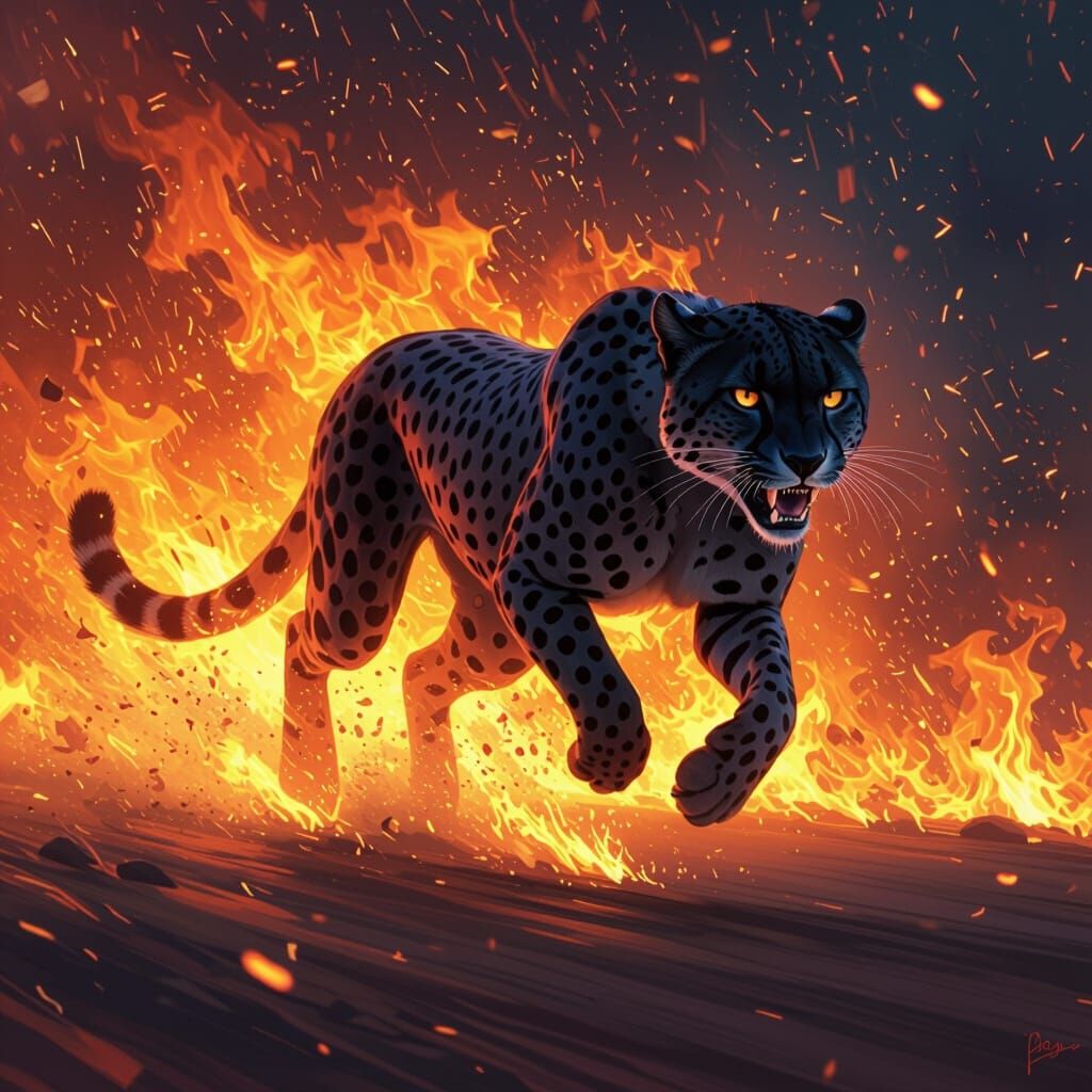 Black Cheetah Sprinting Through Roaring Flames