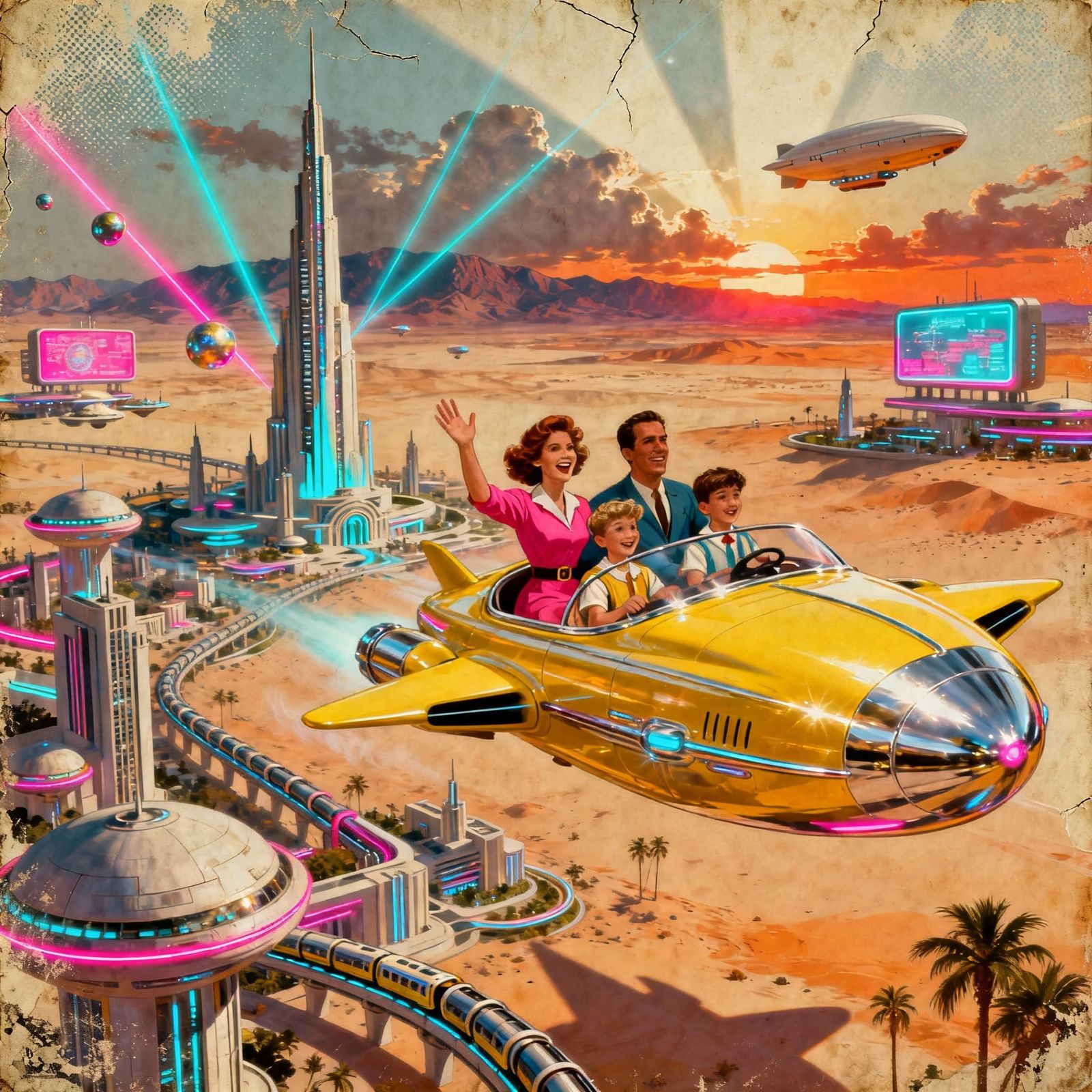 1950s Retro-Futuristic Flying Car Cityscape in Desert