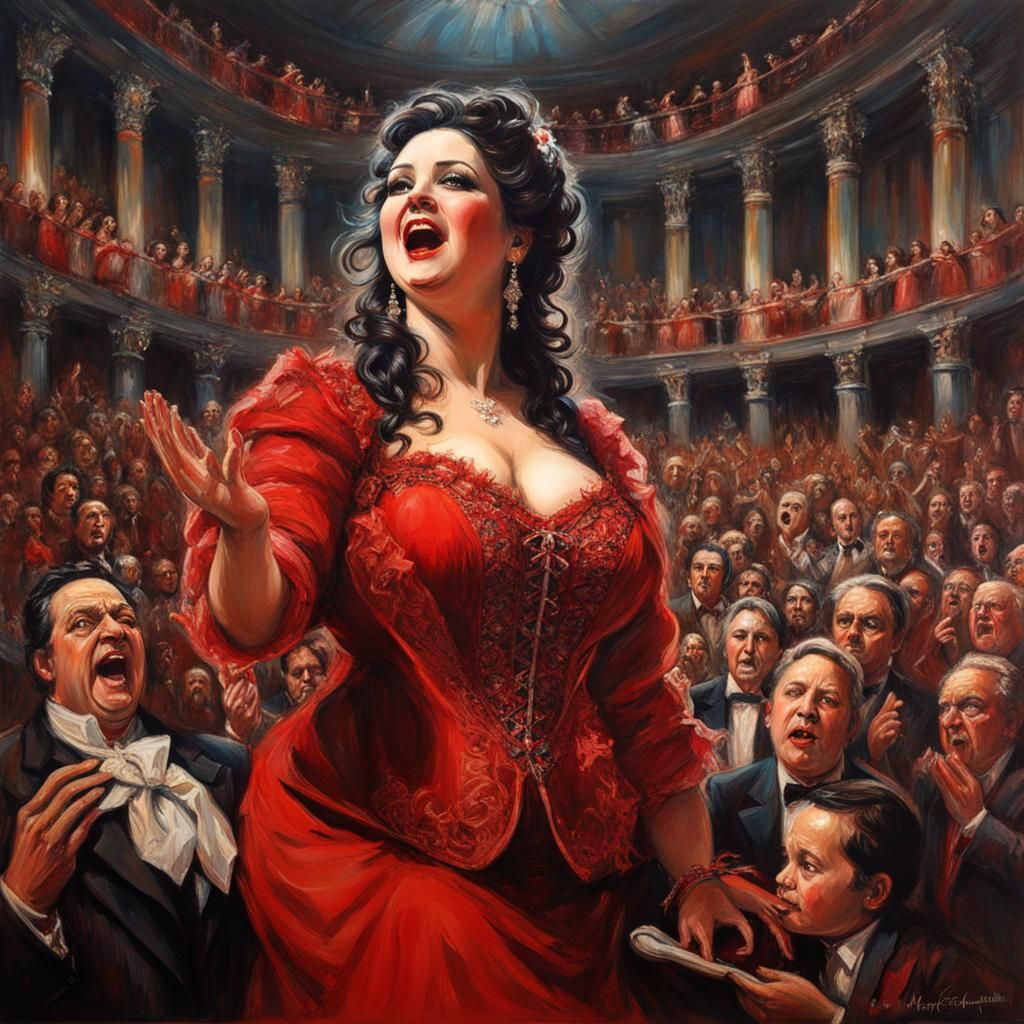 "Iconic female opera singer in red."