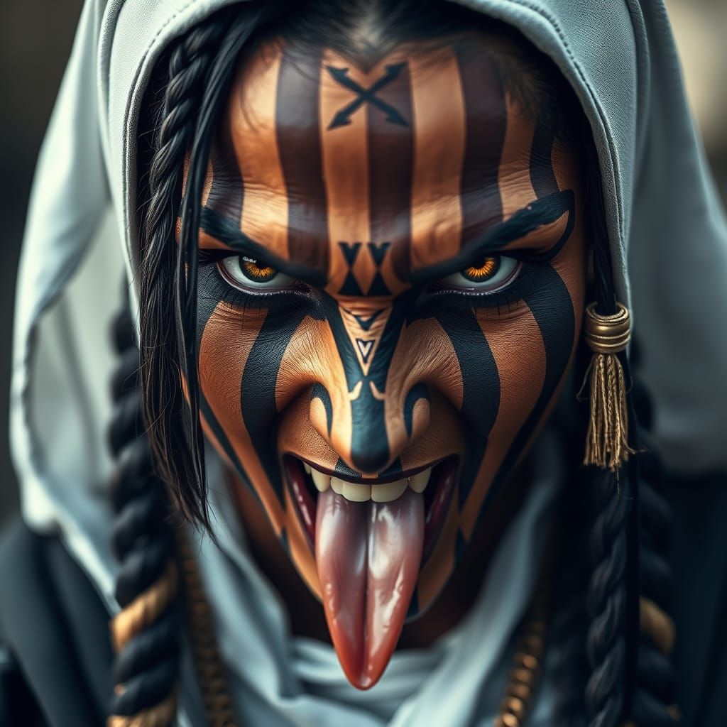 Warrior Nun Goddess with Striped Face Paint in Cinematic Sty...