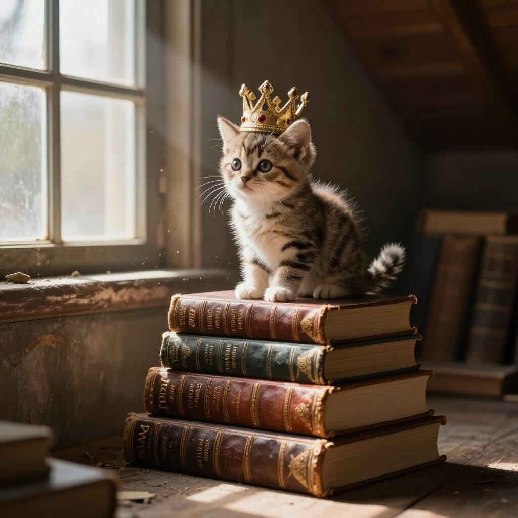Kitten with Crown on Books in Dusty Attic