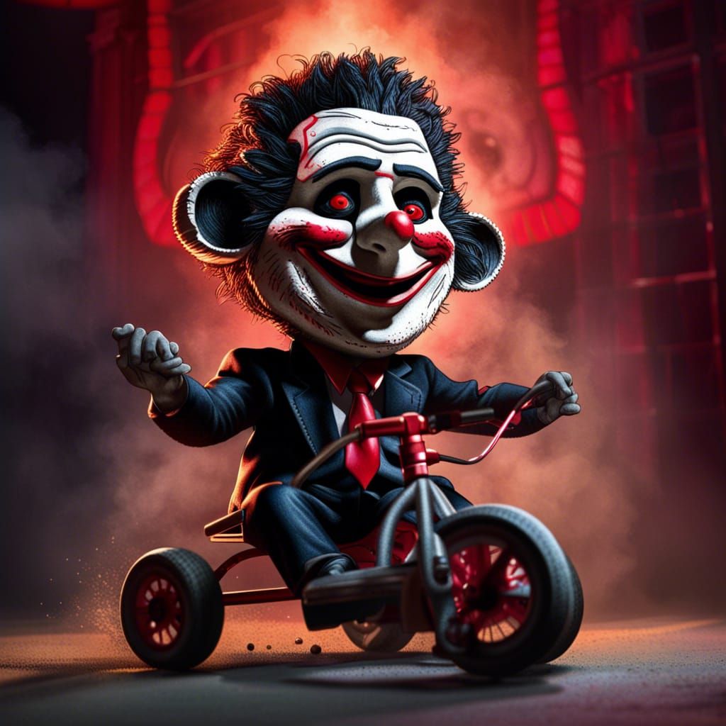 billy the puppet from the movie saw drifting on his tricycle in motion,