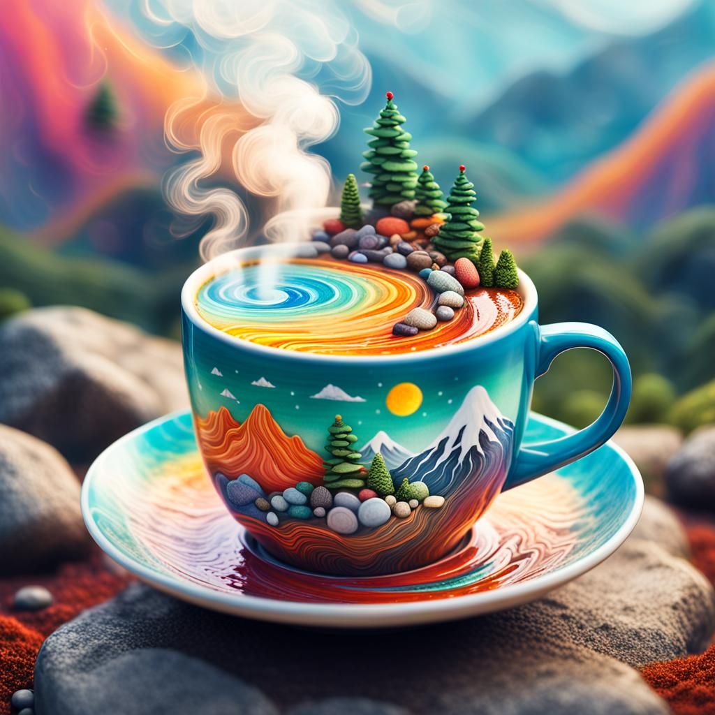 Whimsical Coffee Cup on Majestic Mountain Landscape - Digita...