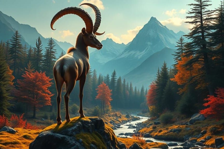Surrealistic Fantasy Ibex in Dreamlike Mountainscape