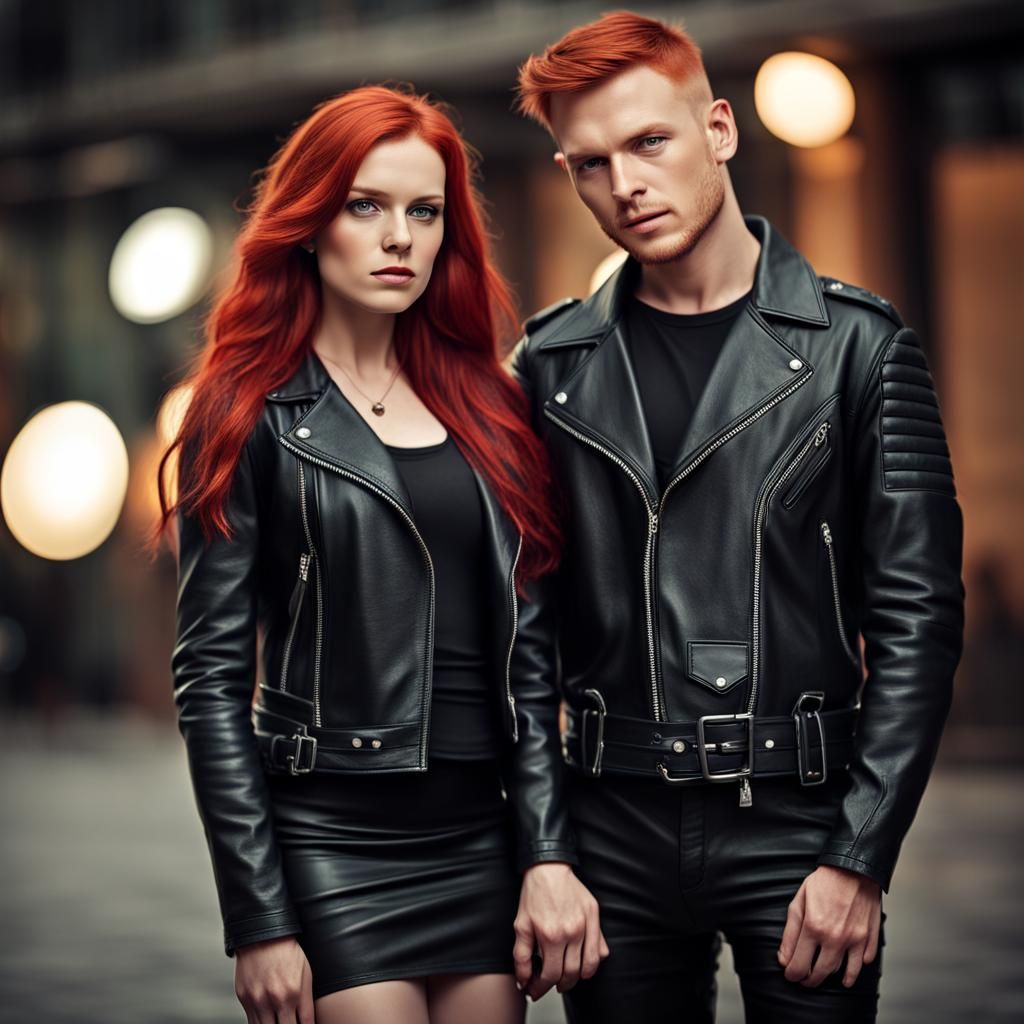 Red-Haired Twins in Biker Style, Photorealistic Image