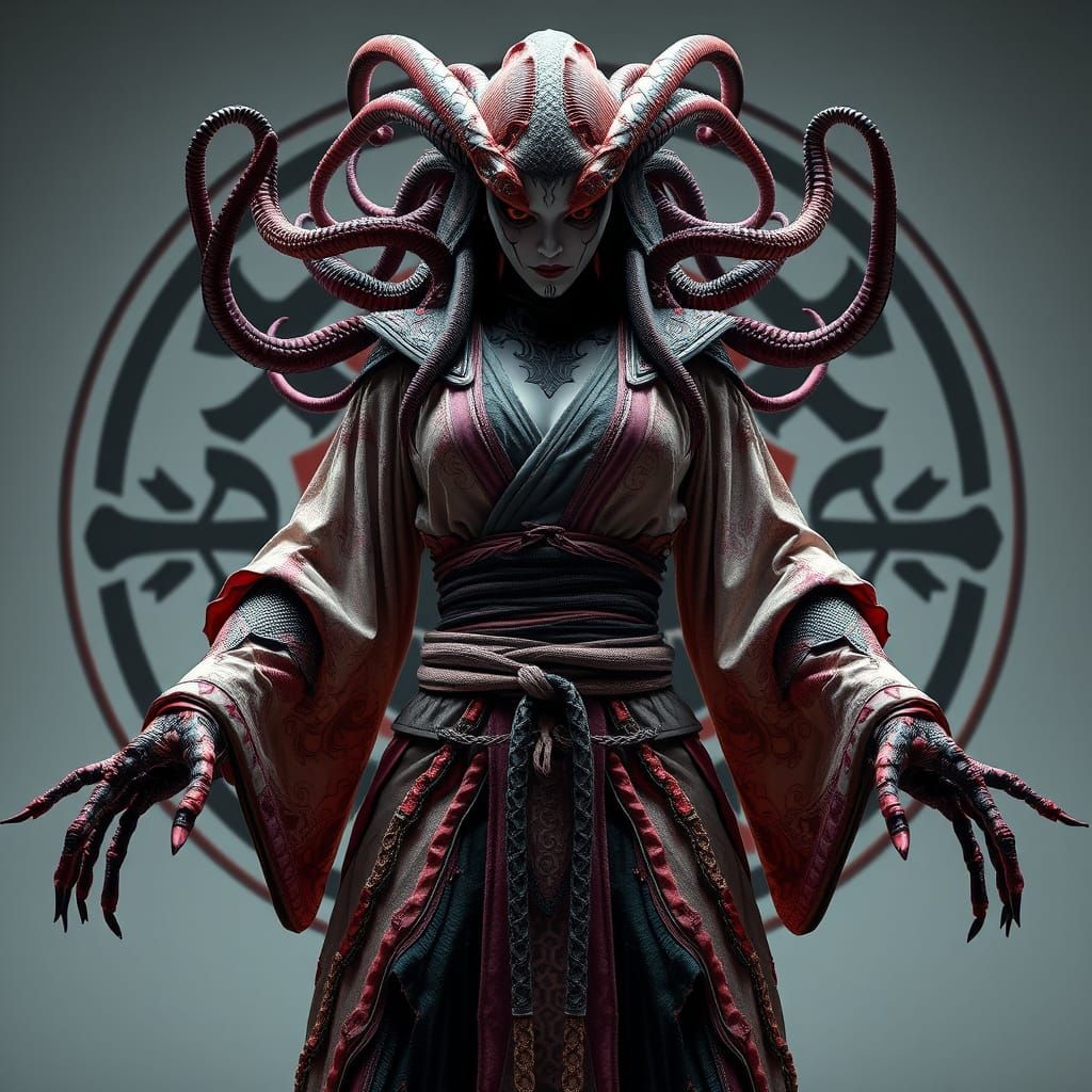 Lovecraftian Samurai Beauty in Surreal Pastel Style