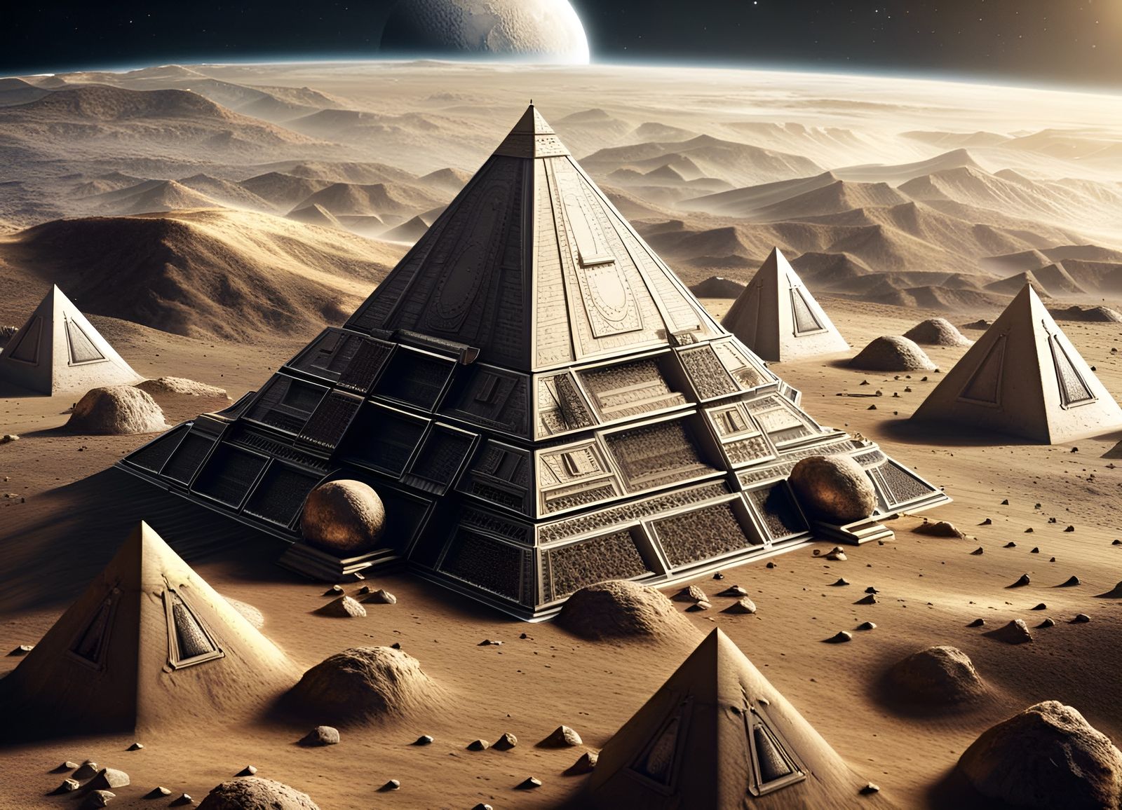 Pyramids on Moon Surface in Retro Sci-Fi Style
