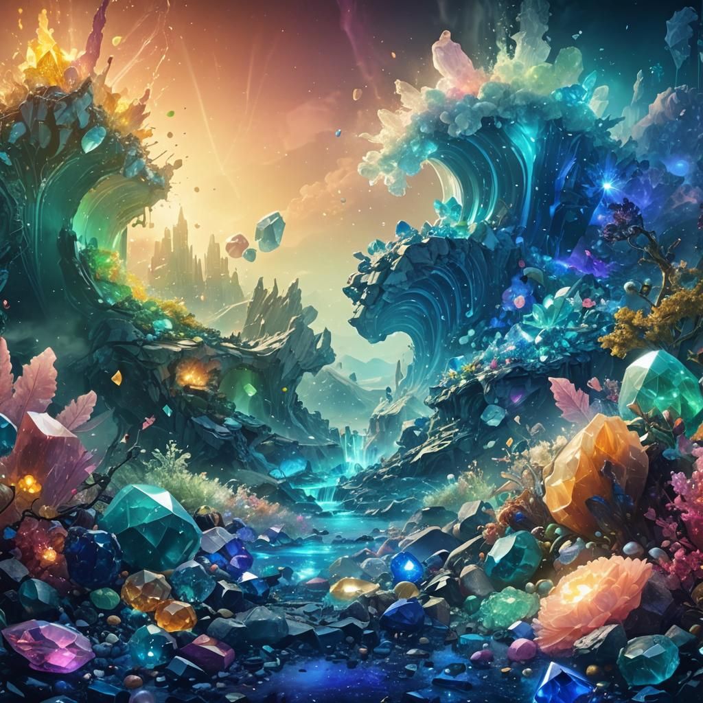 Ethereal Gemstone Trove with Neon Splatter Art