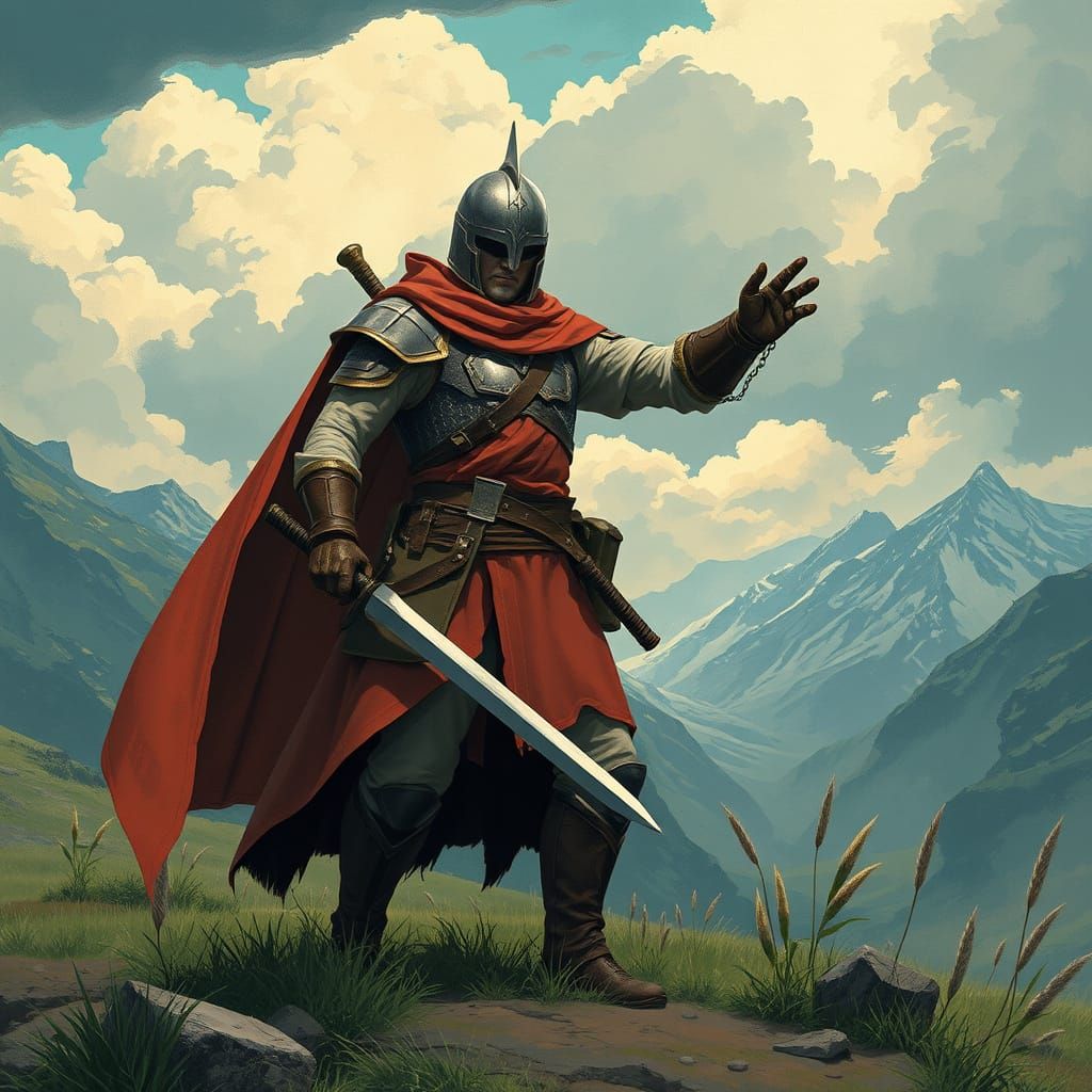 Victorious Warrior on Battlefield in Graphic Style