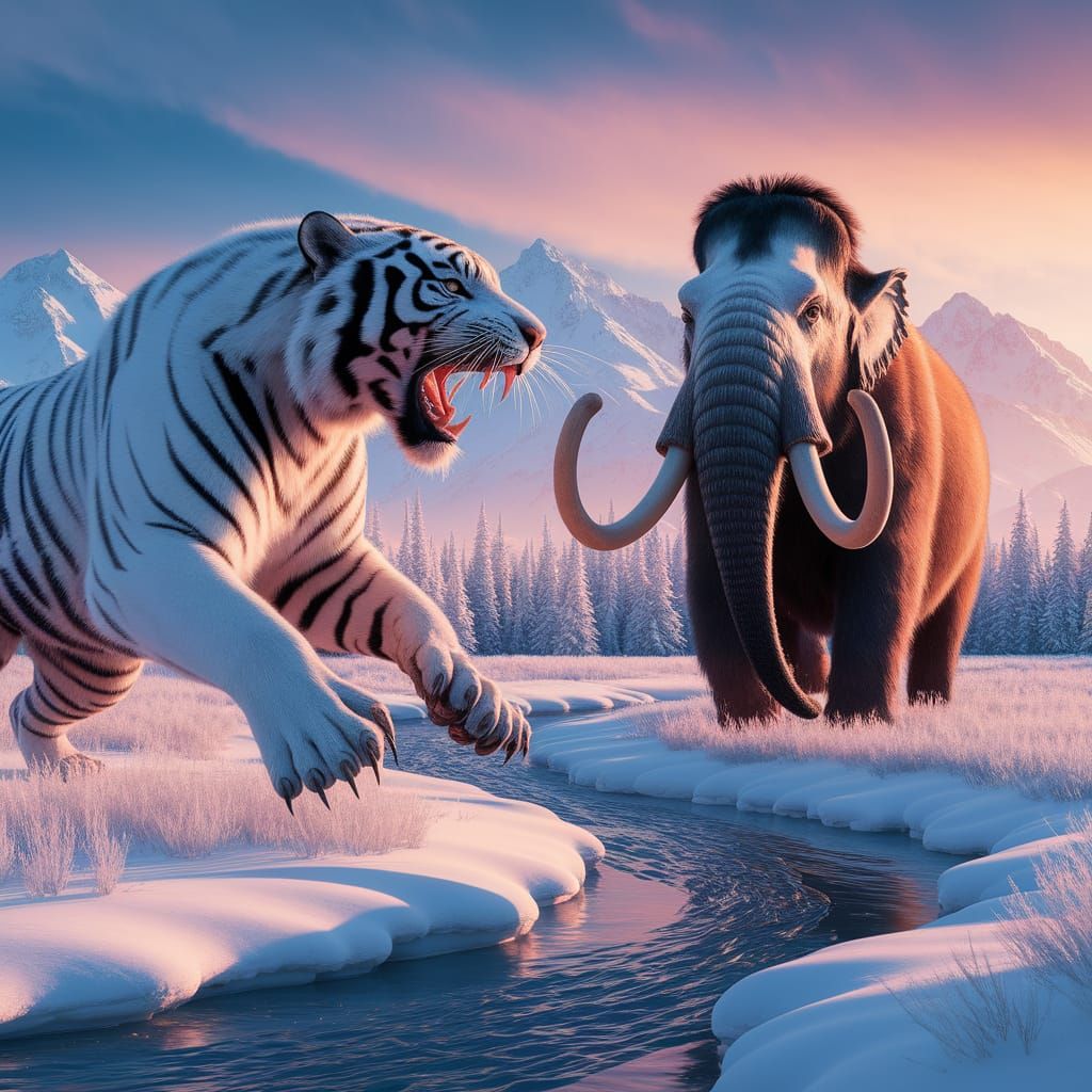 White Tiger vs Mammoth in Subarctic Sunset
