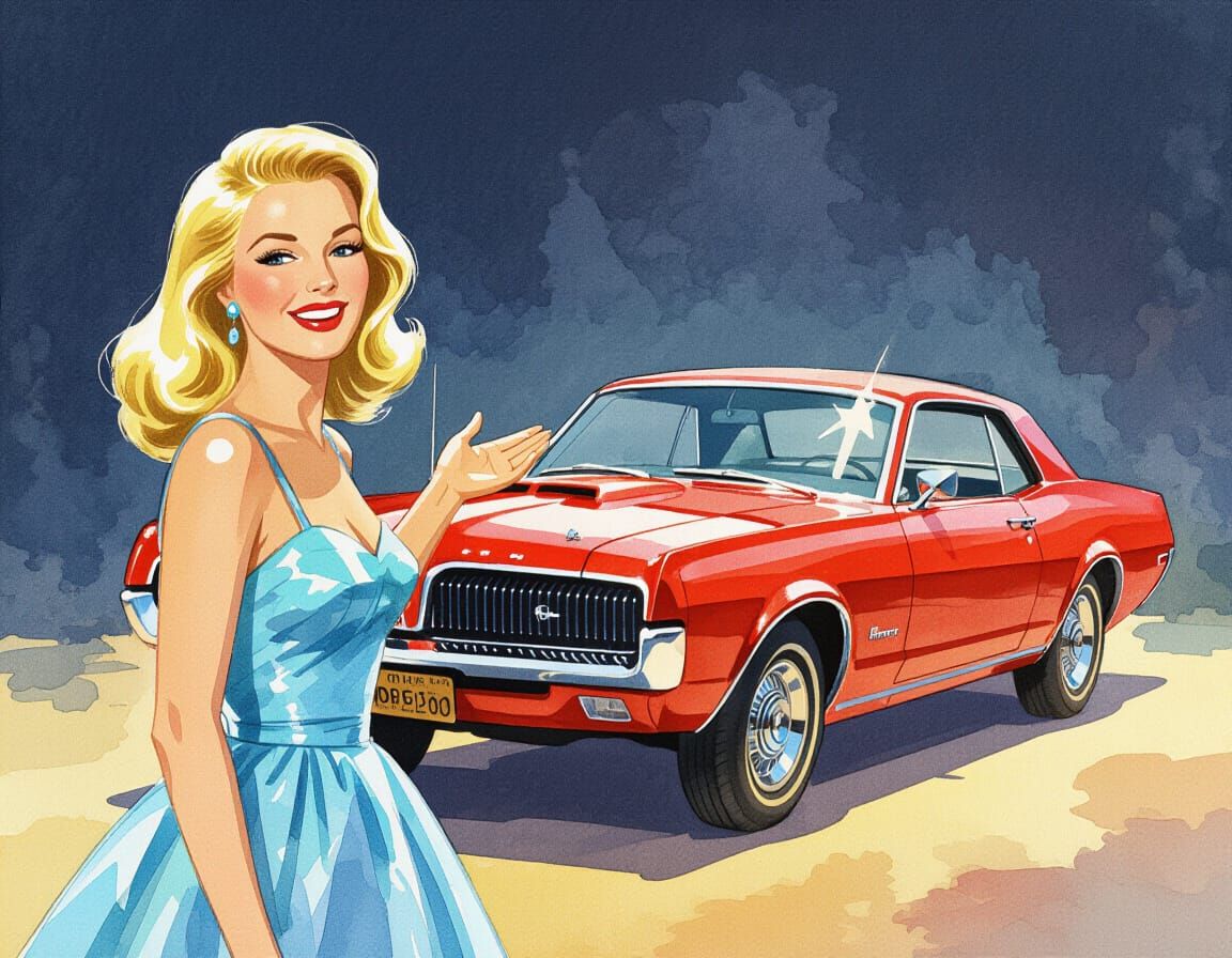 Woman Gesturing to Classic Car, Watercolor Impressionism