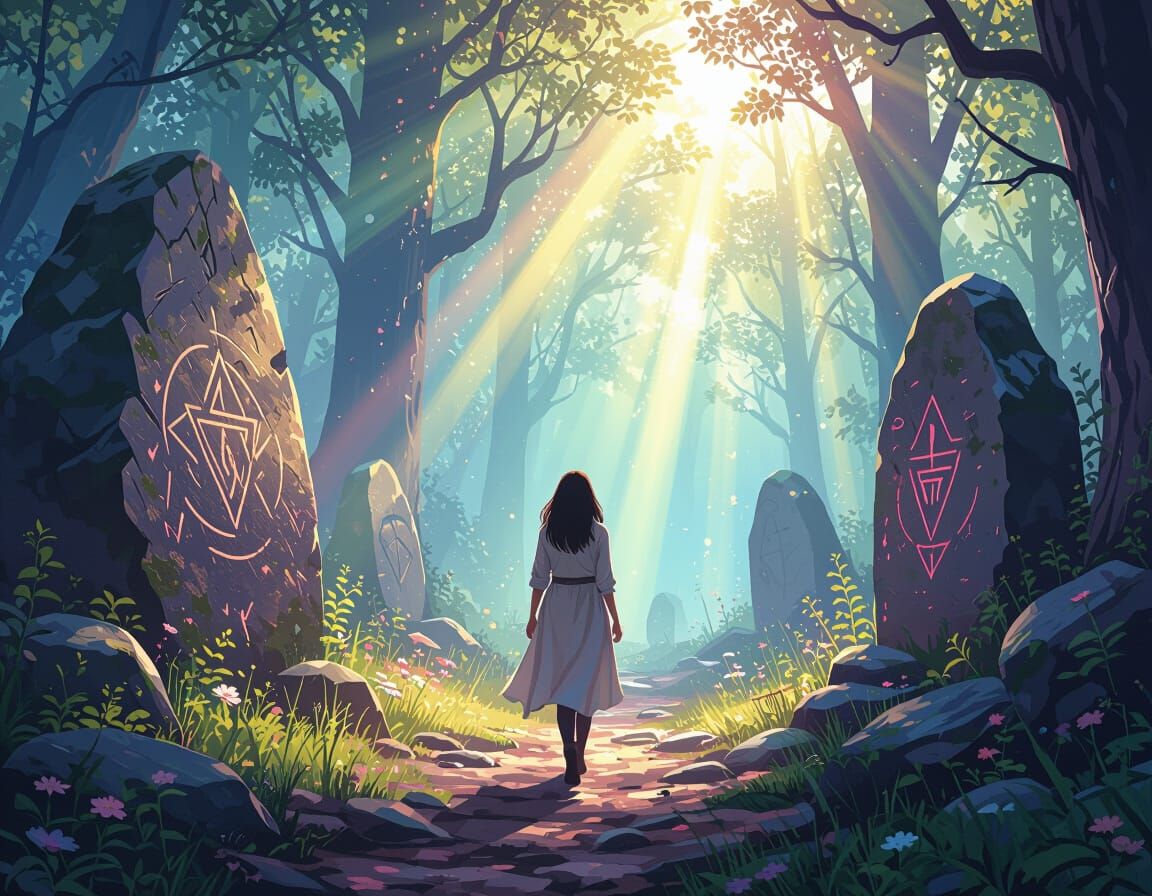 Mystical Forest Scene with Spiritual Light Beams