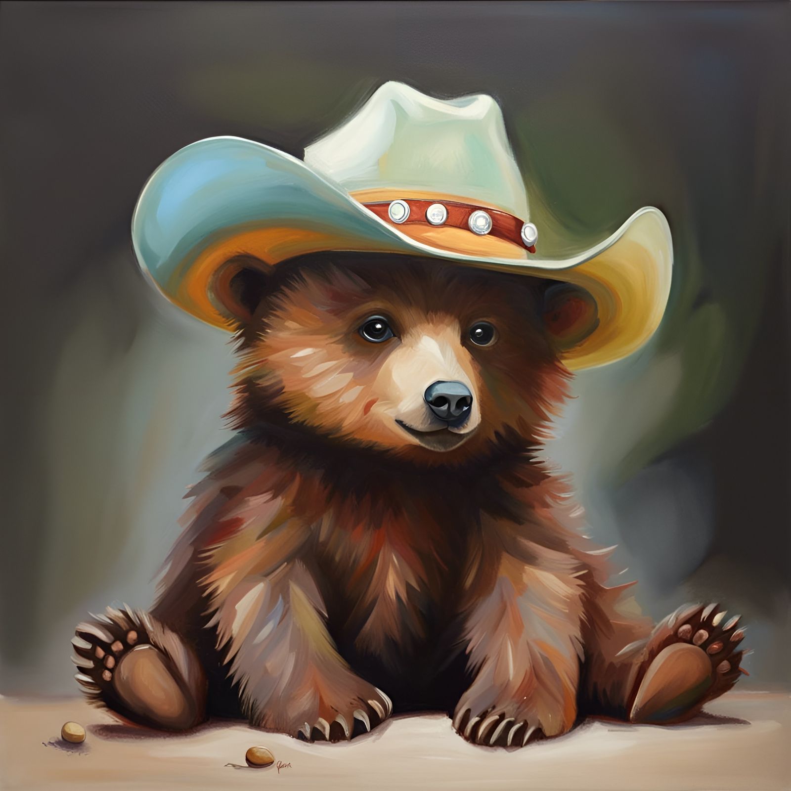 Cute Baby Bear in Cowboy Hat Oil Painting
