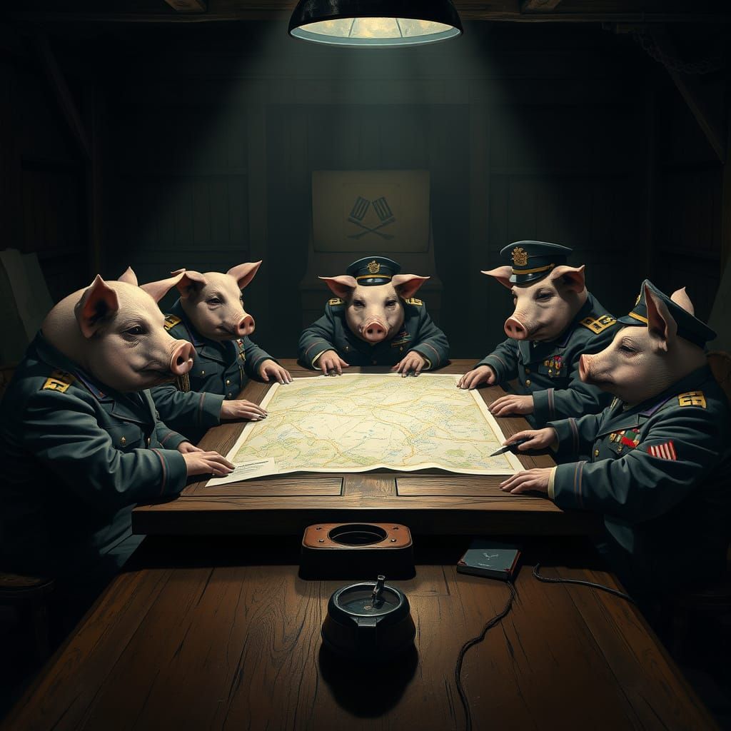 Anthropomorphic Pigs Strategize Battle in War Room