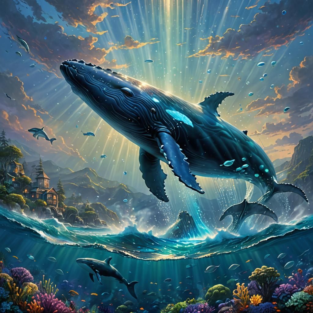 Bioluminescent Whale in Holographic Pacific Ocean
