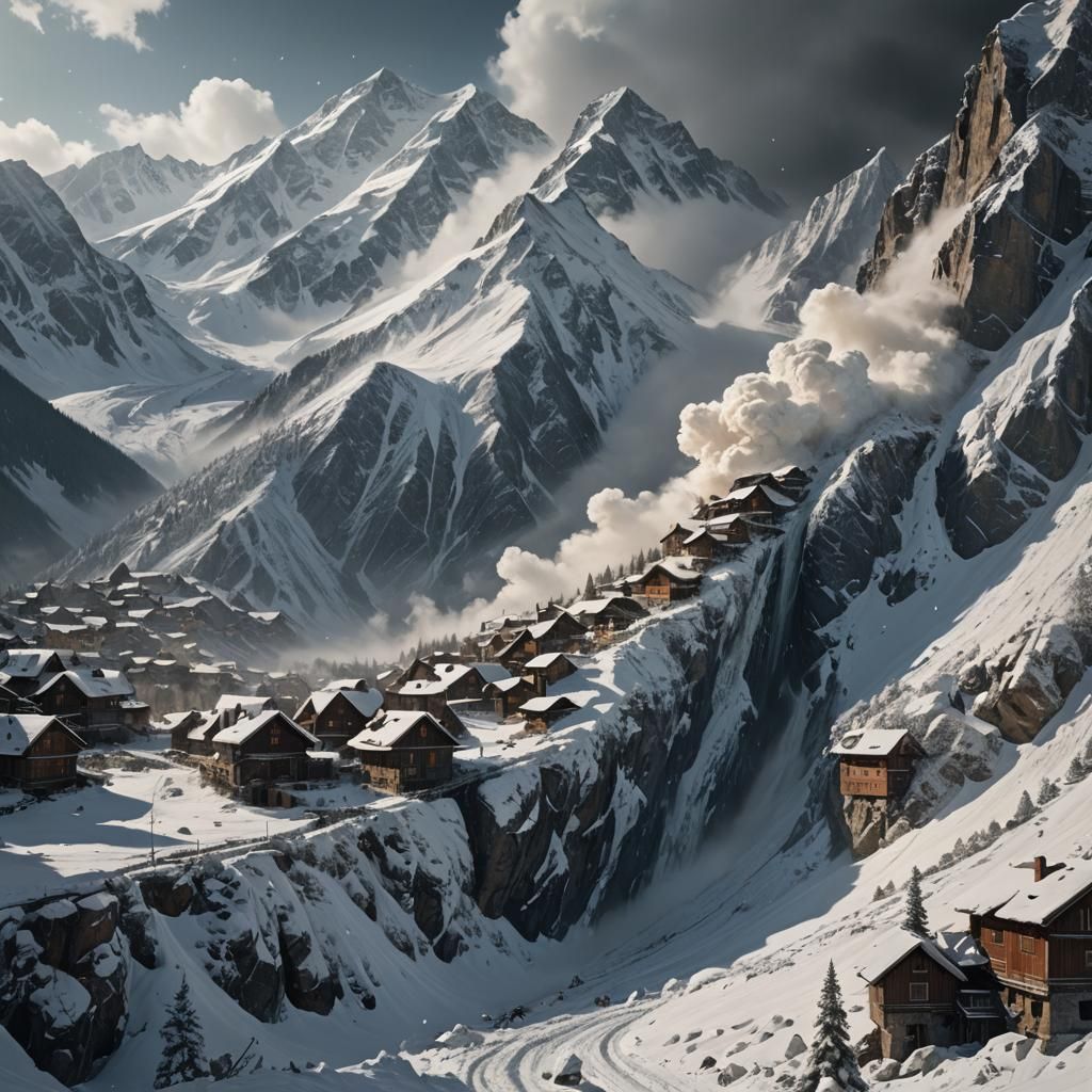 Epic Avalanche Threatens Village: Digital Matte Painting