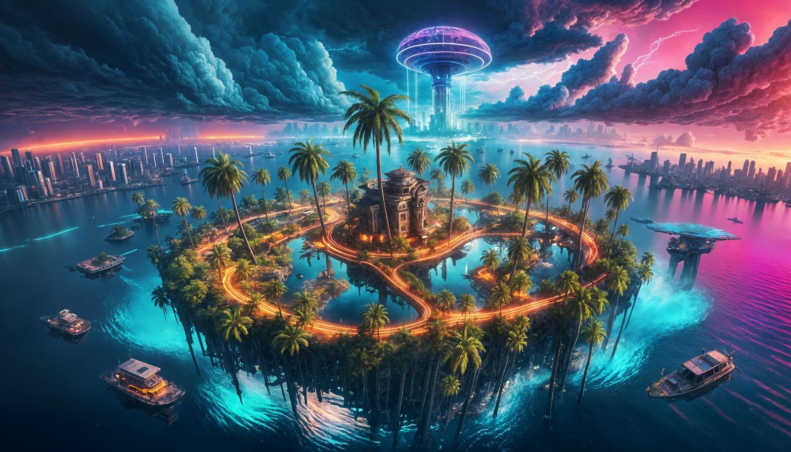 Palm Island Treehouse in Cyberpunk Style