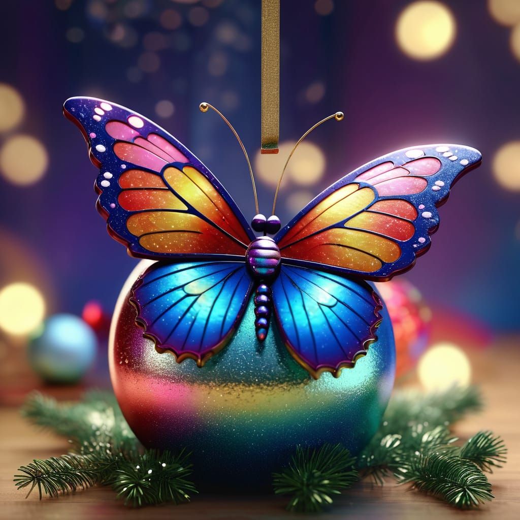 Festive Butterfly on Christmas Ornament 3D Render