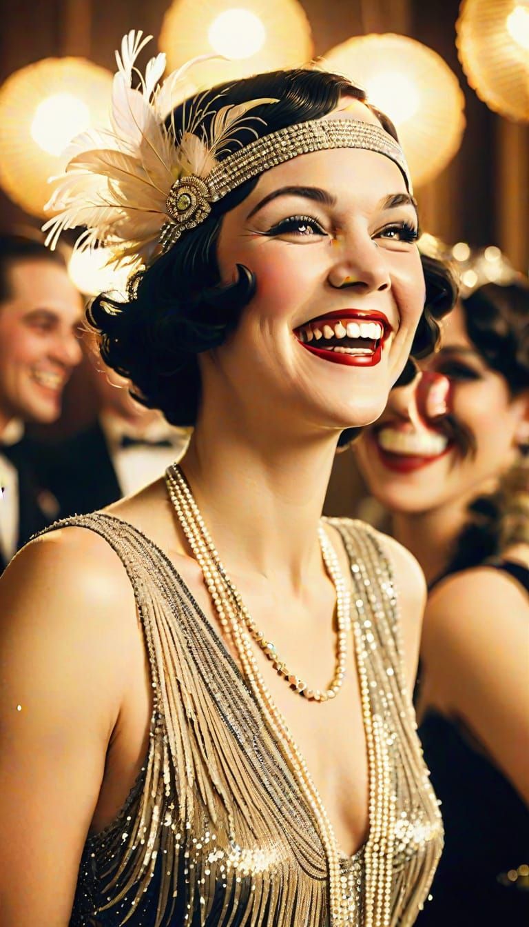 1920s glamorous flapper woman laughing at a roaring jazz party, wearing a golden beaded dress and feather headband, hold...