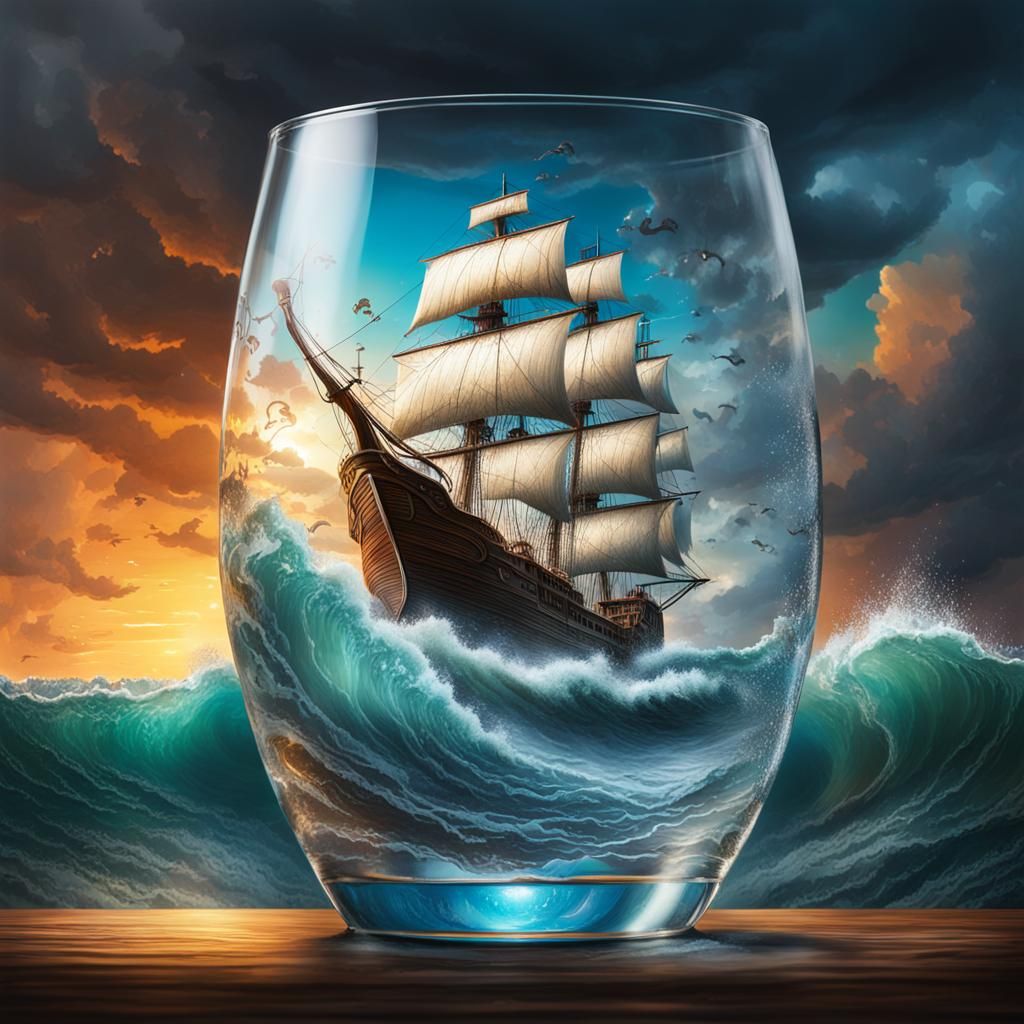 Pirate Ship Storm in Glass: Hyperrealistic Splash Art
