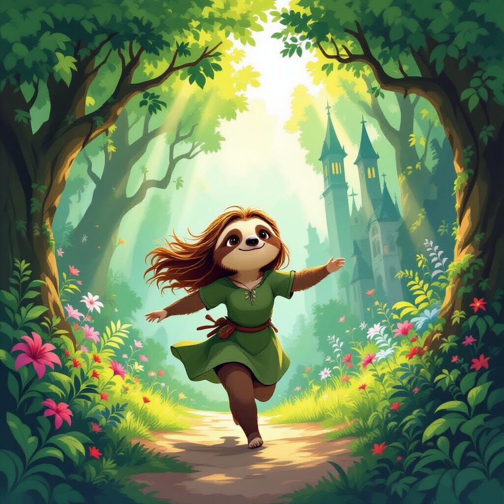 Joyful Sloth Woman Escapes Gothic City to Enchanted Forest