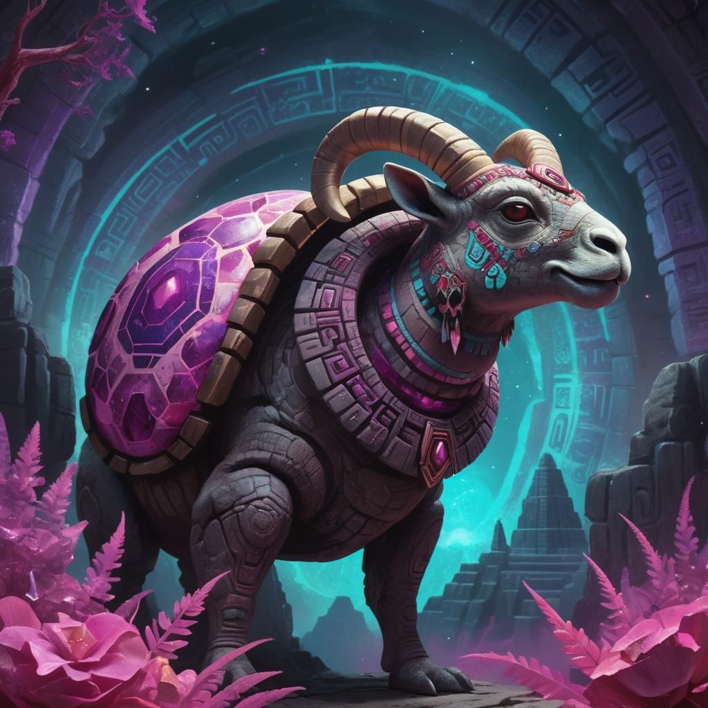 Aztec Temple with Geodes and Rhodolite Tortoise