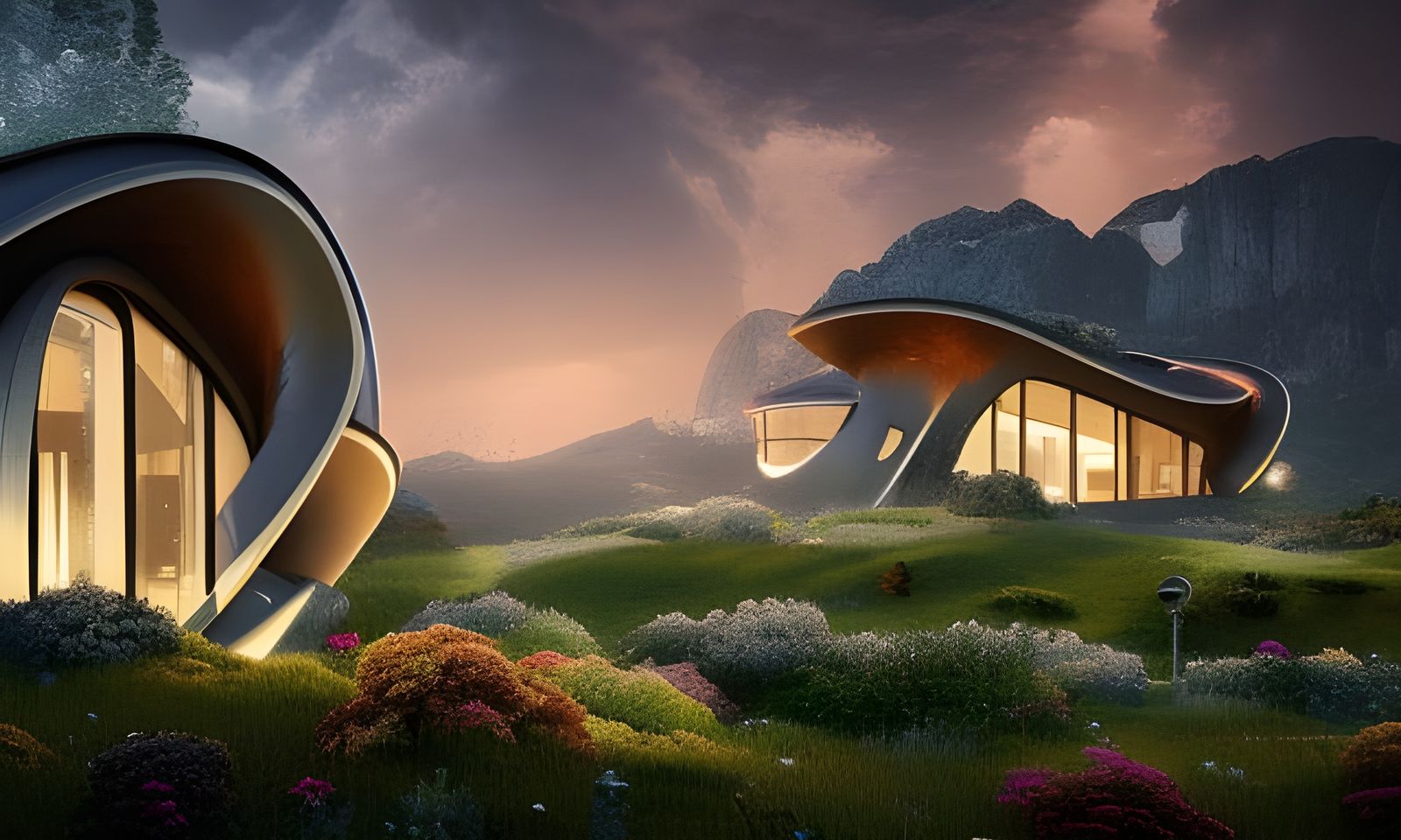 Futuristic Alpine House at Night: Digital Matte Painting