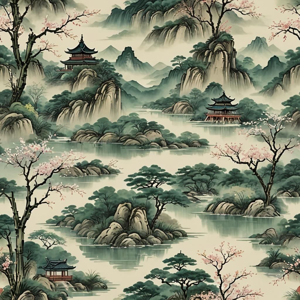 Serene Ancient China Landscape in Traditional Brush Art