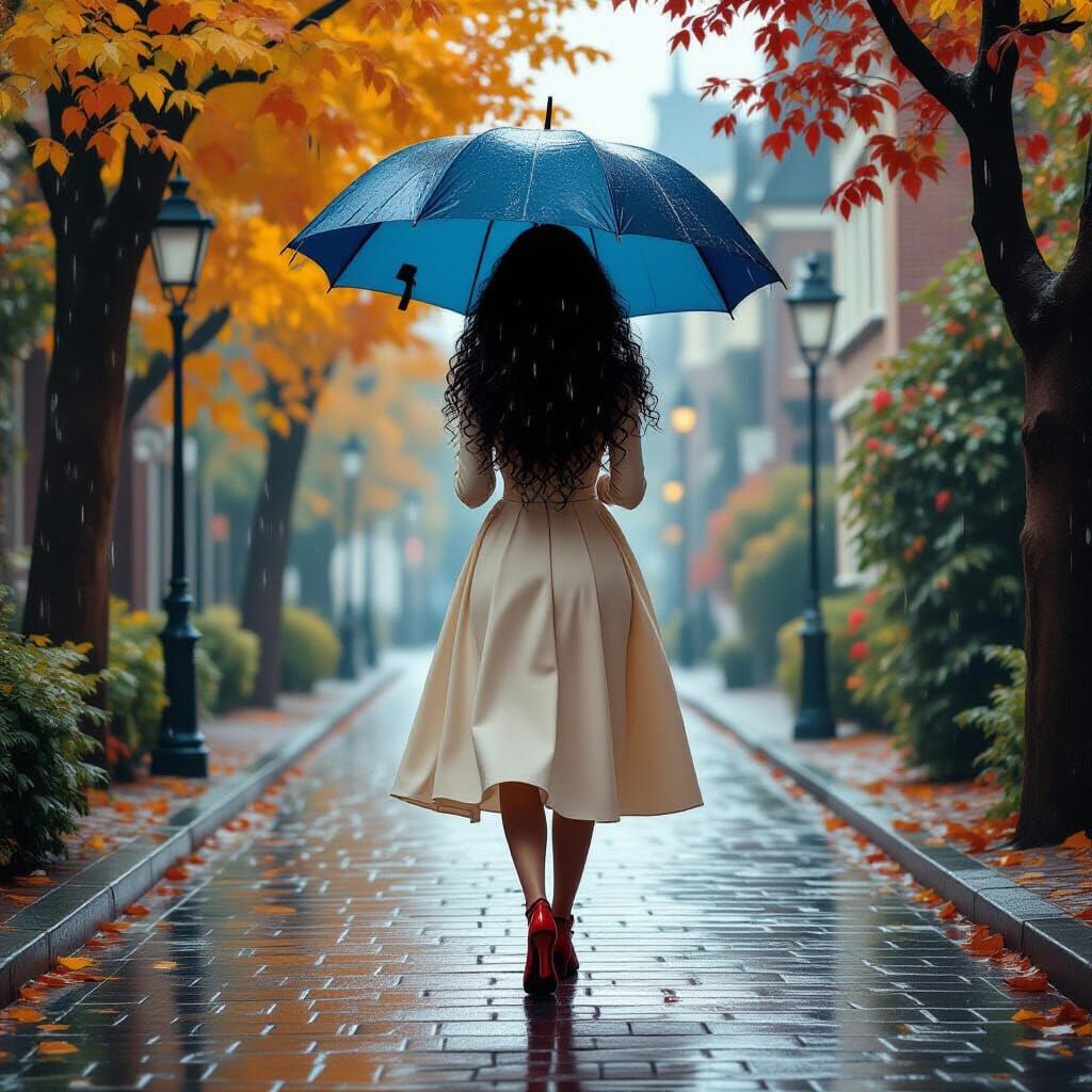 Rainy Stroll: Curvy Woman in Hyperrealistic Style