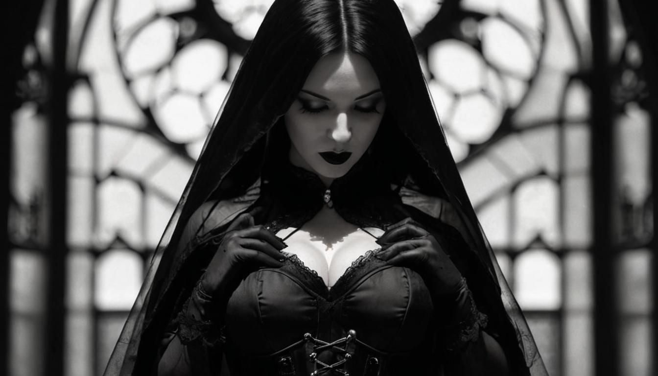 Gothic Woman in Cathedral: Dark Fantasy Film Still