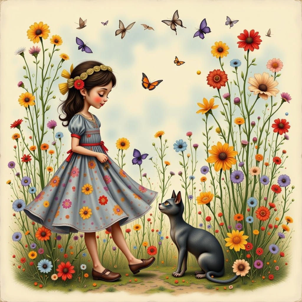 Whimsical Girl and Mystical Cat in Dreamlike Illustration