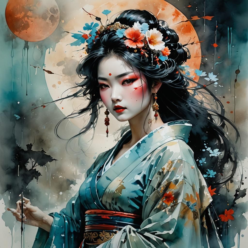 Geisha on Blood Moon: Watercolor Masterpiece
