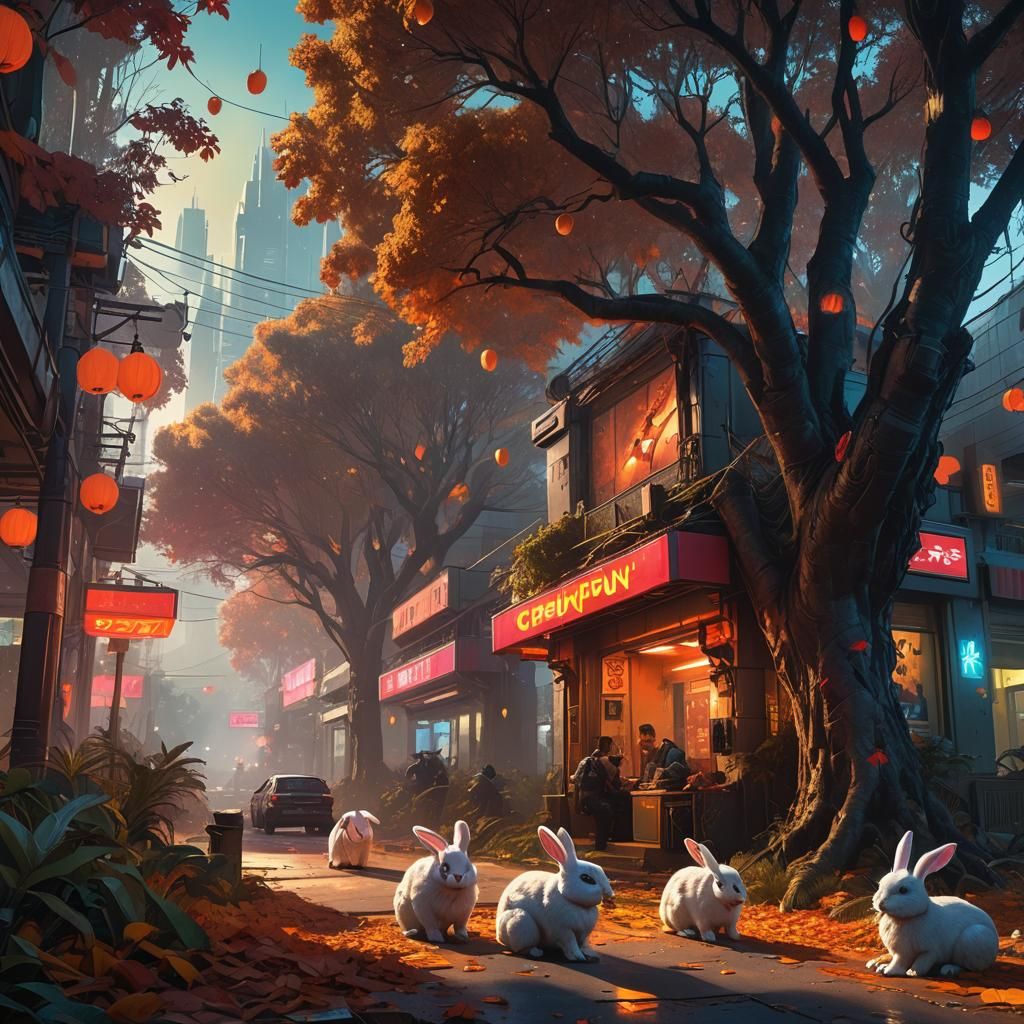 Cyberpunk Rabbits Feast Under Autumn Canopy