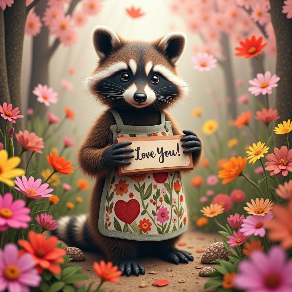 Whimsical Raccoon in a Vibrant Flower Garden