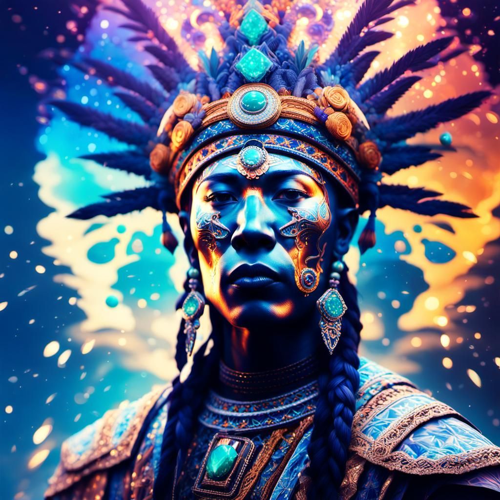 Celestial Shaman in Double Exposure with Kaleidoscope Sky