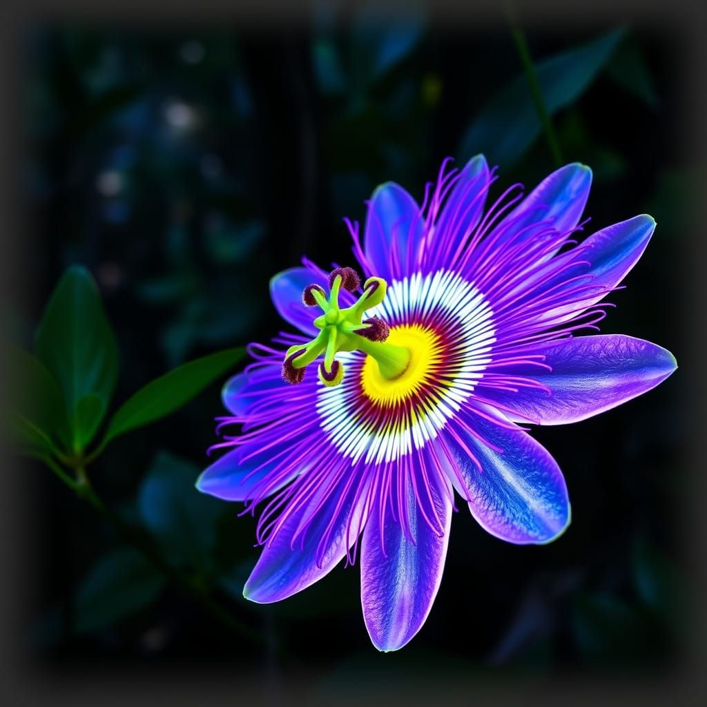 Enchanted Blue Passionflower Radiates Prismatic Light in a W...