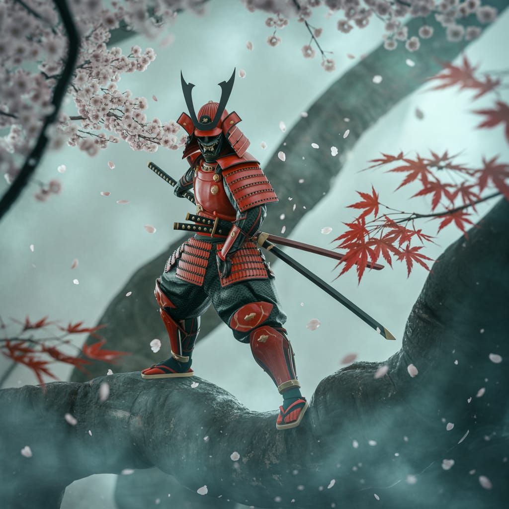Samurai in Red Armor with Cherry Blossoms