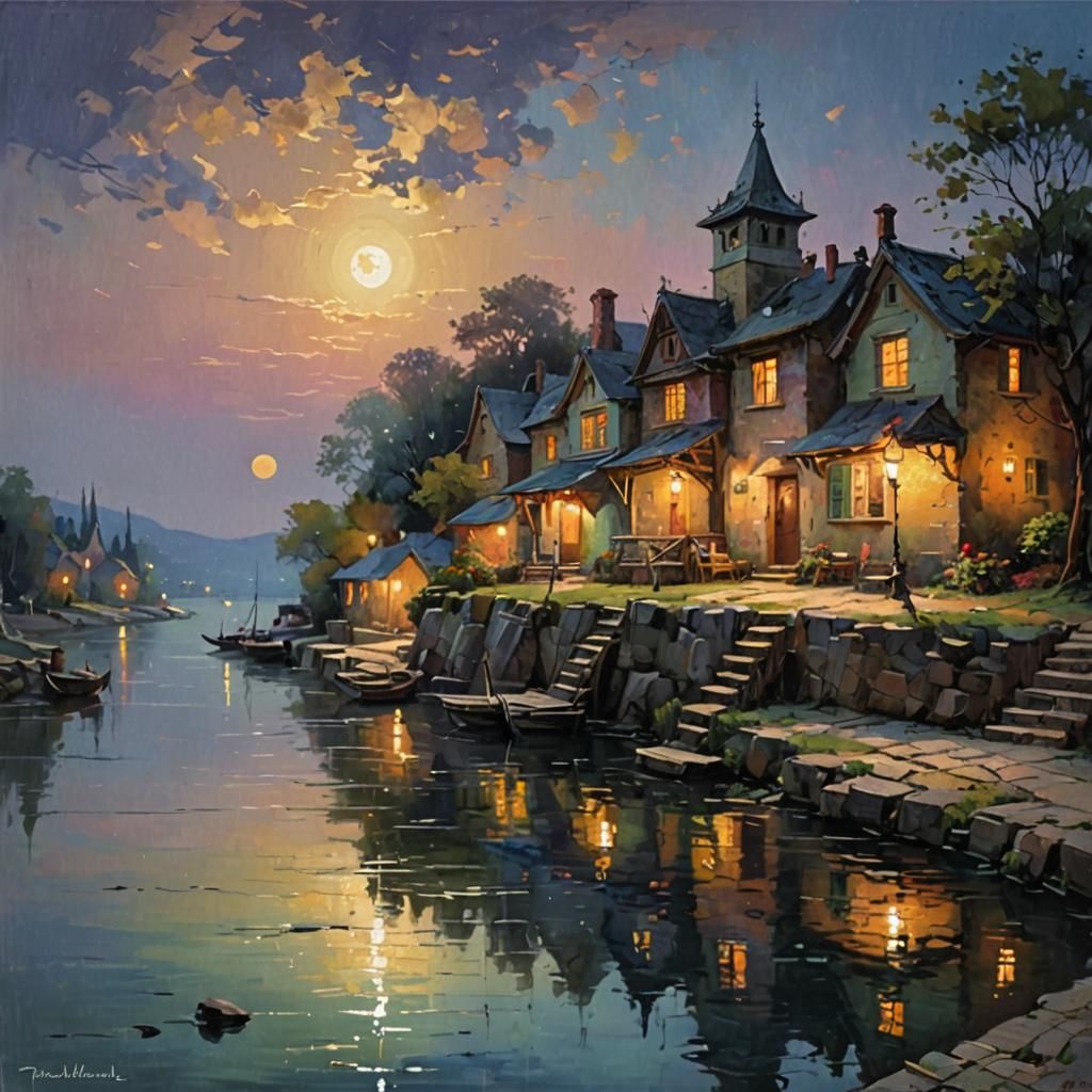 Romantic Village by Water in Pastel Colors