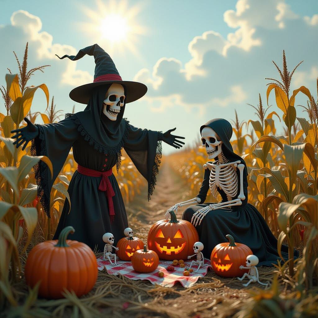 Haunted Scarecrow and Skeleton Woman in Misty Cornfield