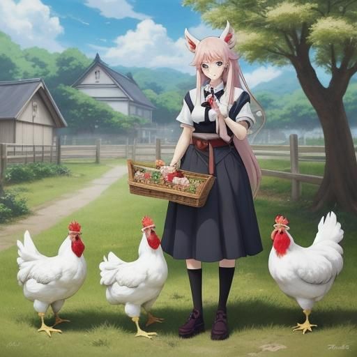 Anime Chicken Girl with Pet Chicken