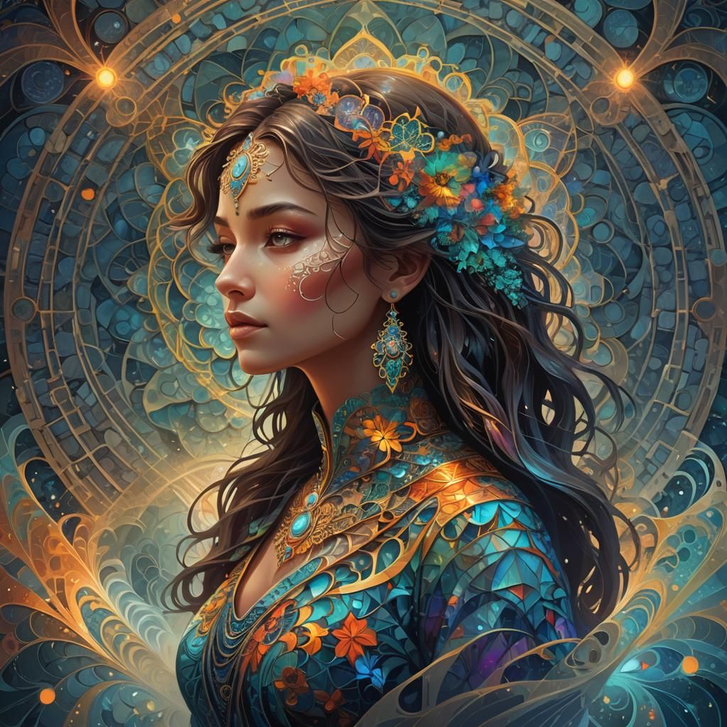 Psychedelic Fractal Woman in Dreamlike Landscape
