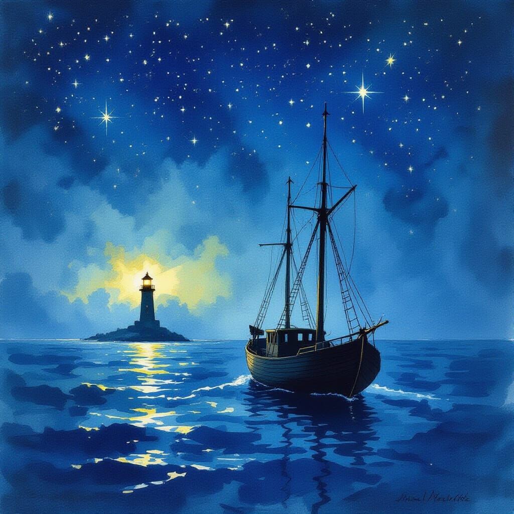 Empty Ship Adrift Under Starry Sky with Lighthouse in Waterc...