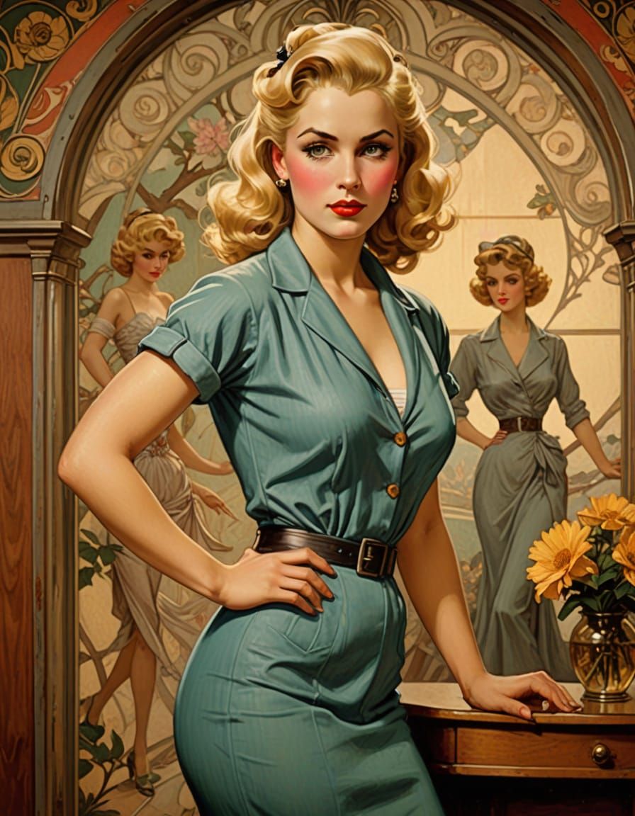 1950s Pin-Up in Mucha, Waterhouse, and Tonalism Fusion